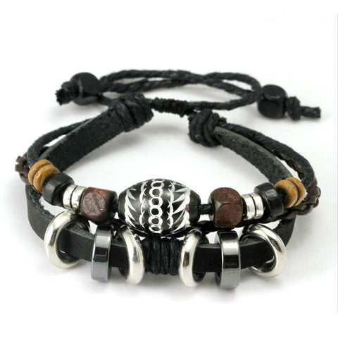 Wrap Black Leather with Wooden Beads Bracelet